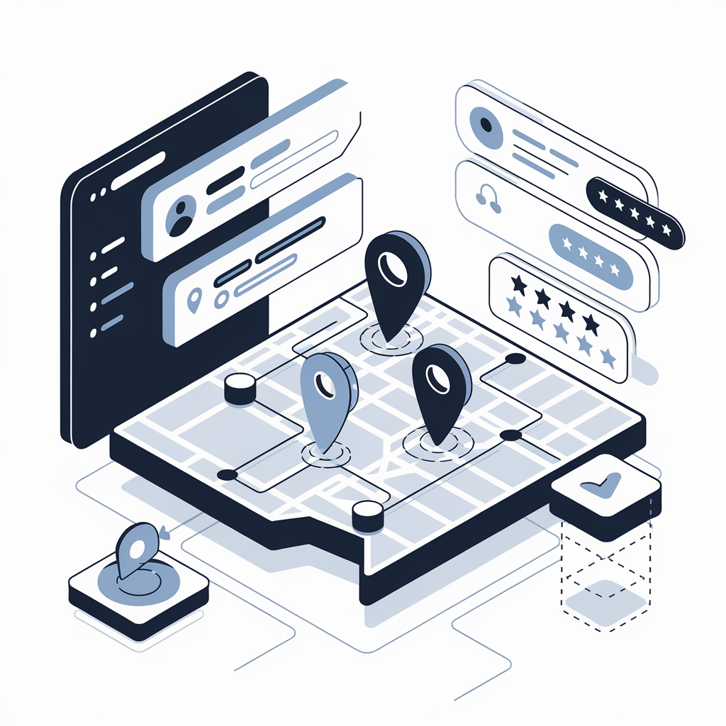 Local SEO strategy illustration showing map integration and local search optimization