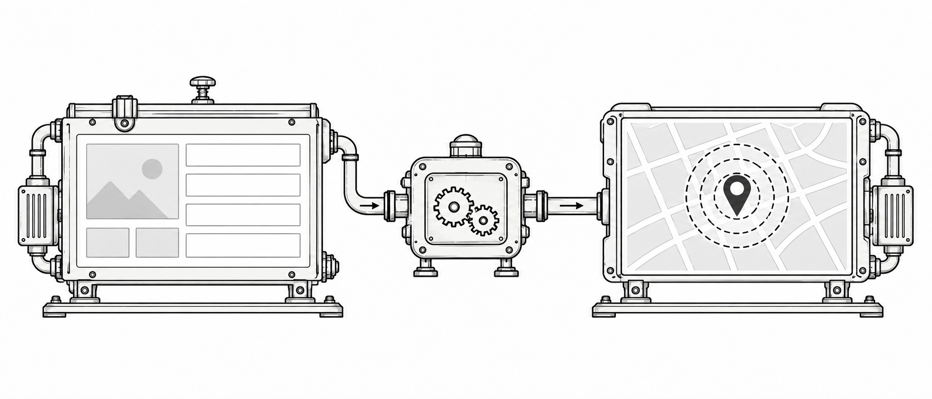 Dibujo a línea de un panel de máquina que muestra el diseño de una página, unido por un eje a través de una caja de engranes a un segundo panel que muestra un mapa con un marcador de ubicación.