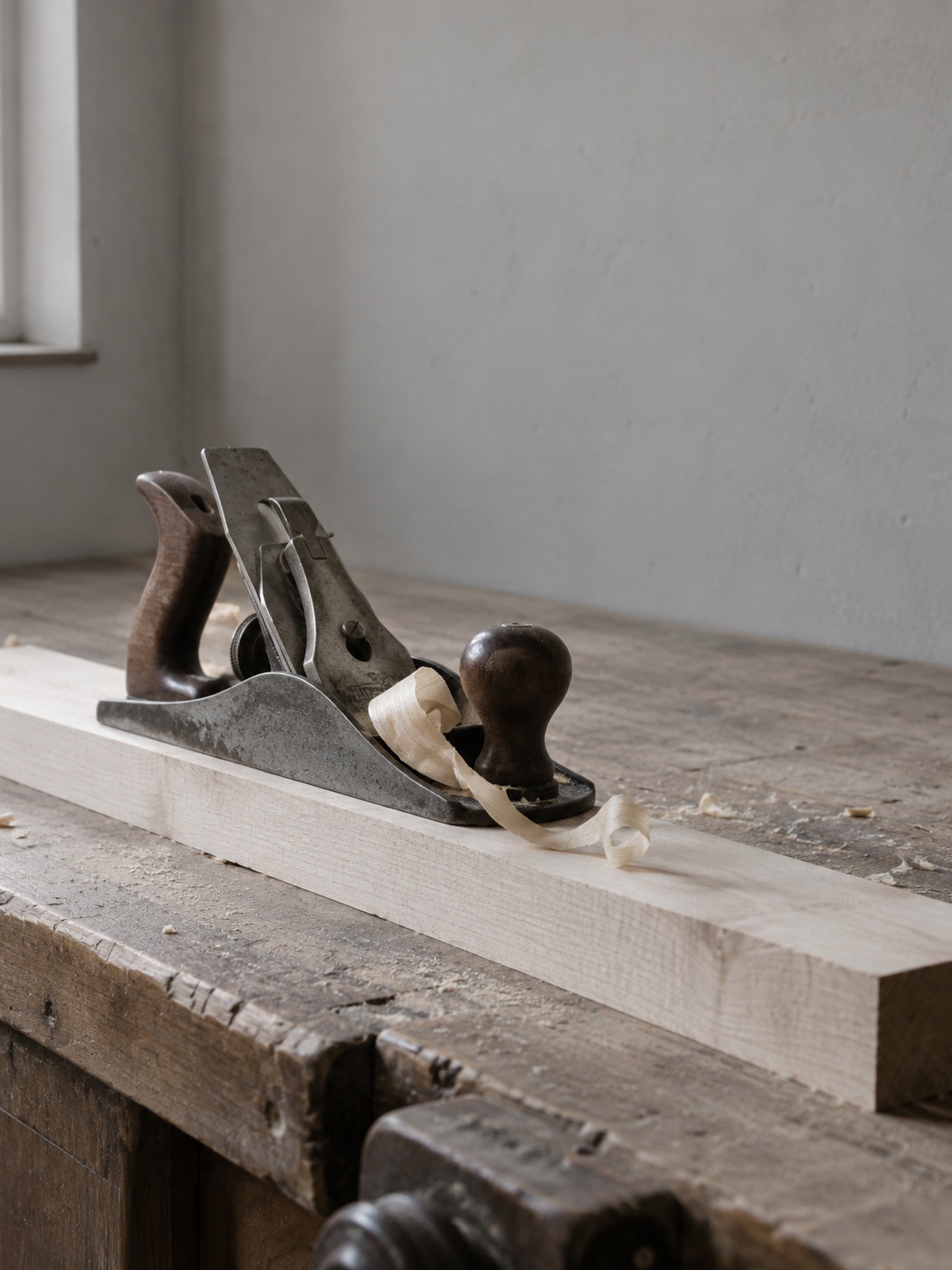 A steel hand plane resting on a length of pale planed timber, a single curl of shaving beside it on a worn workbench.