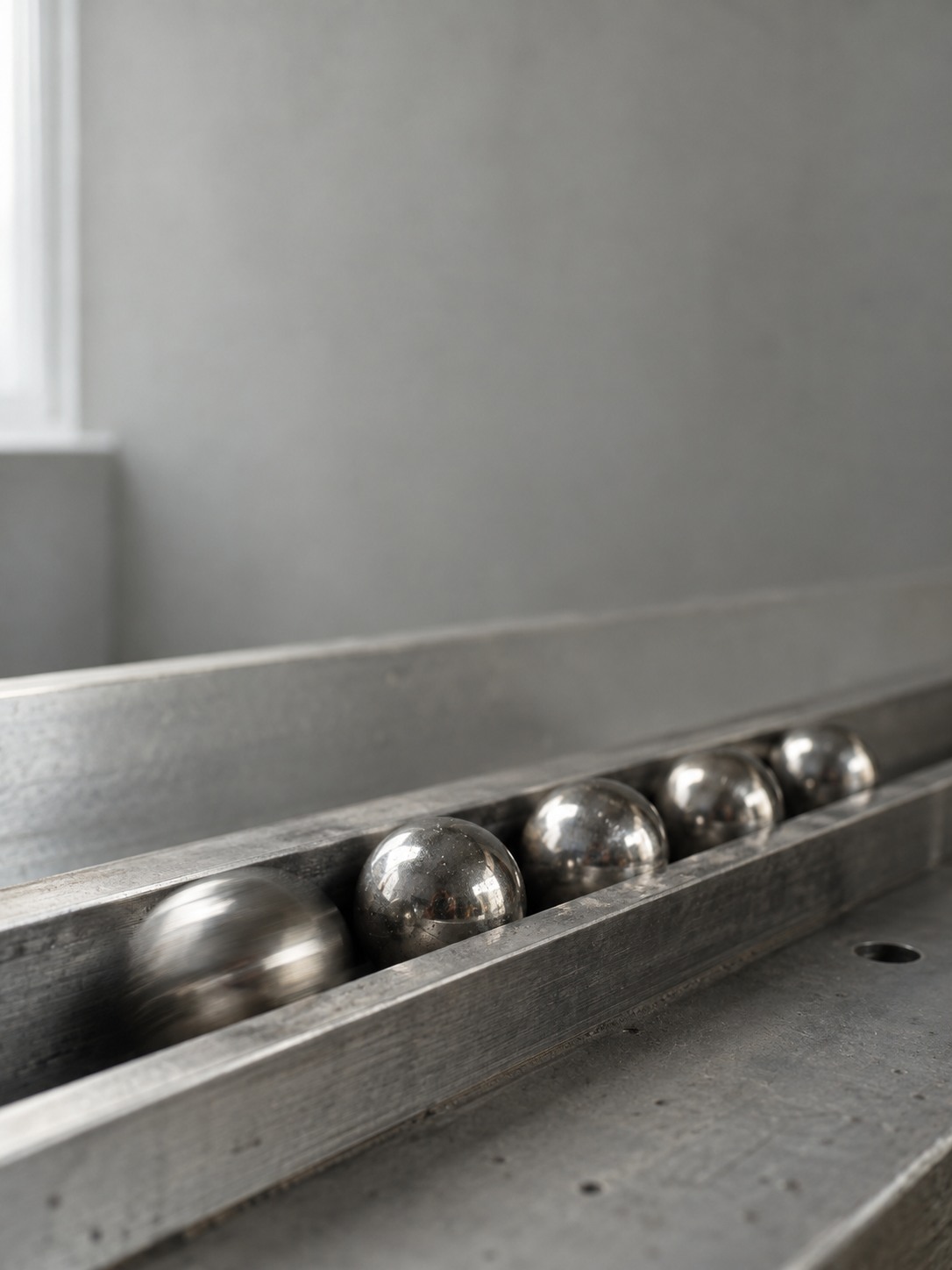 A row of polished steel ball bearings resting in a straight machined channel, lit from a window above and to the left.