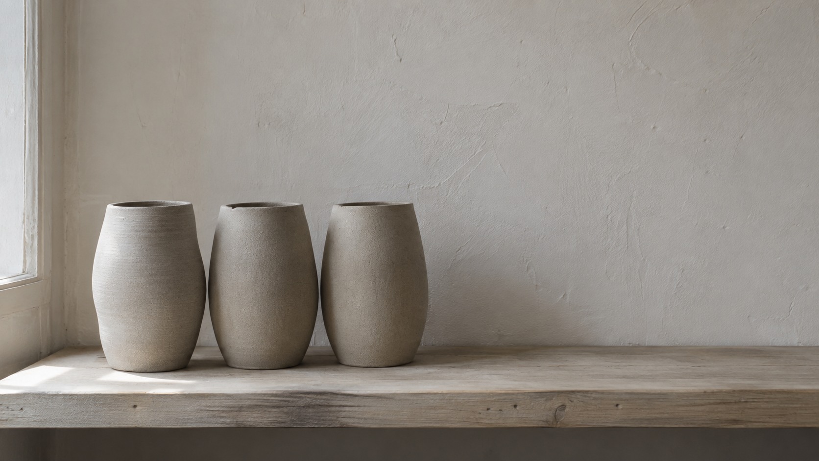 Three plain unglazed ceramic vessels of the same height standing on a wooden shelf against a pale plastered wall.