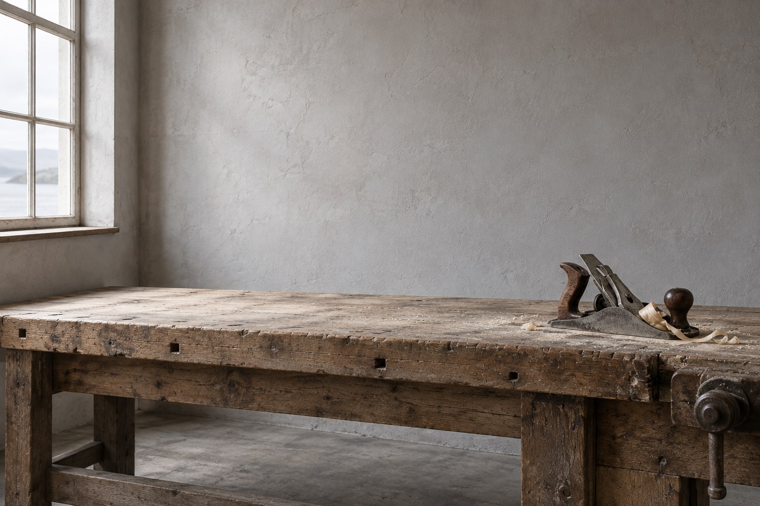 A long wooden workbench running the width of a plain room, a hand plane resting on it, with a window at the left.