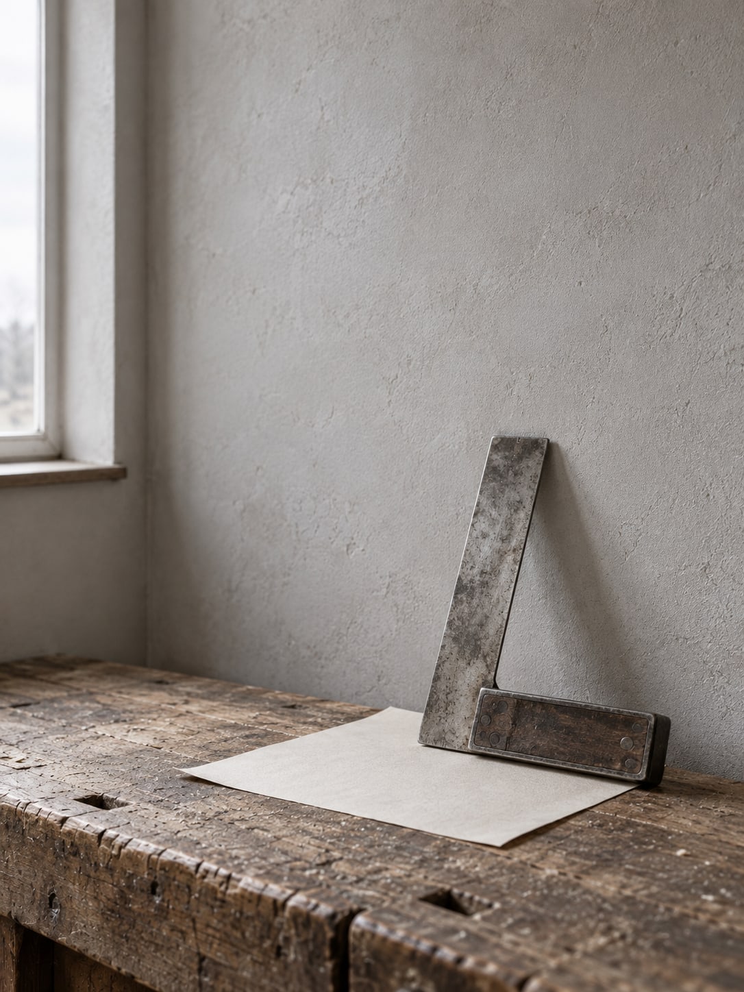 A steel try-square standing upright on a sheet of pale paper on a worn workbench, lit from a window at the left.