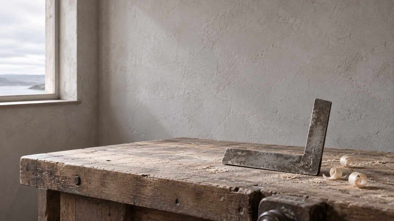 A steel try-square standing on edge on a worn wooden workbench, a few wood shavings beside it, daylight from a window at the left.