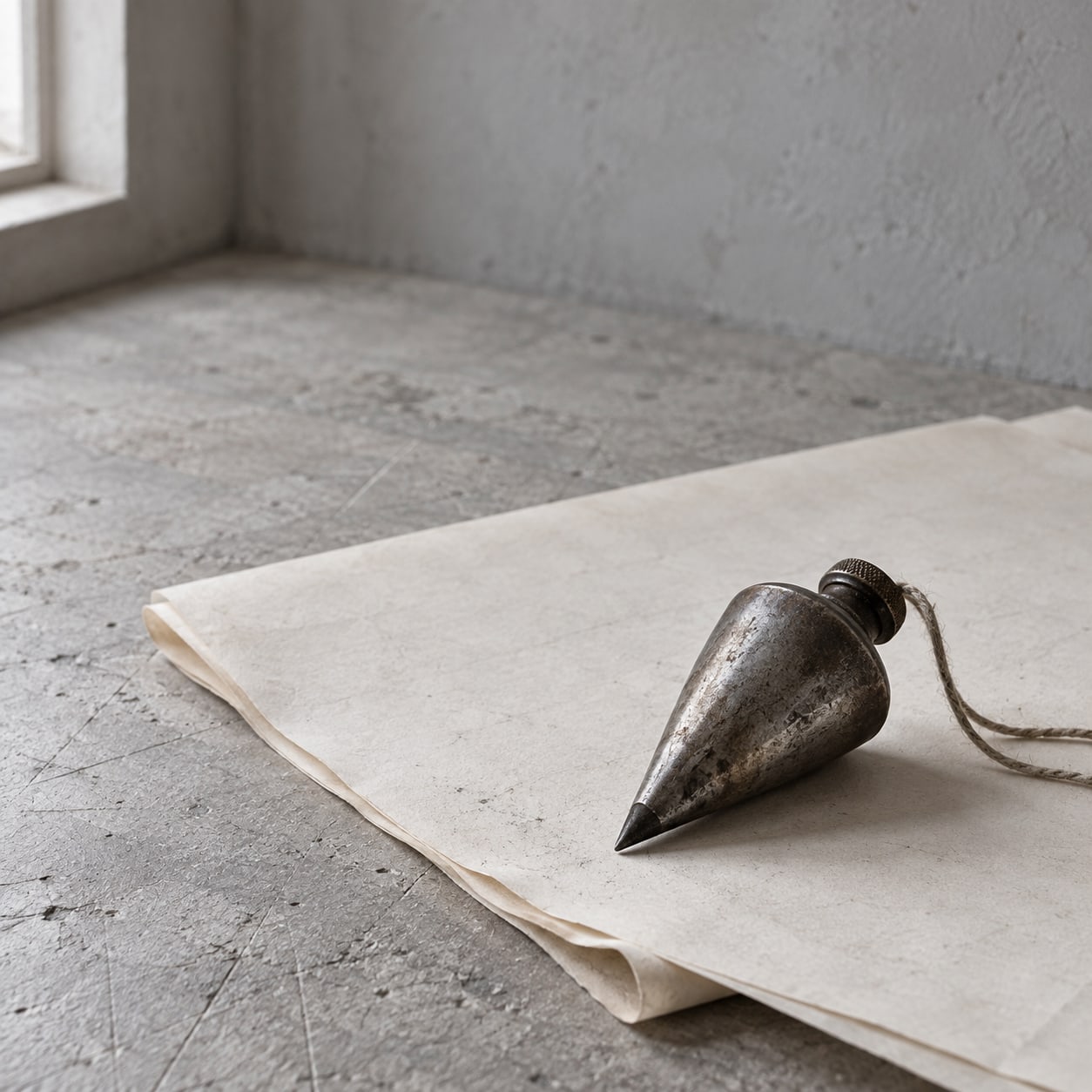 A pointed metal plumb bob lying on a sheet of pale paper on a concrete floor, its cord trailing loose.