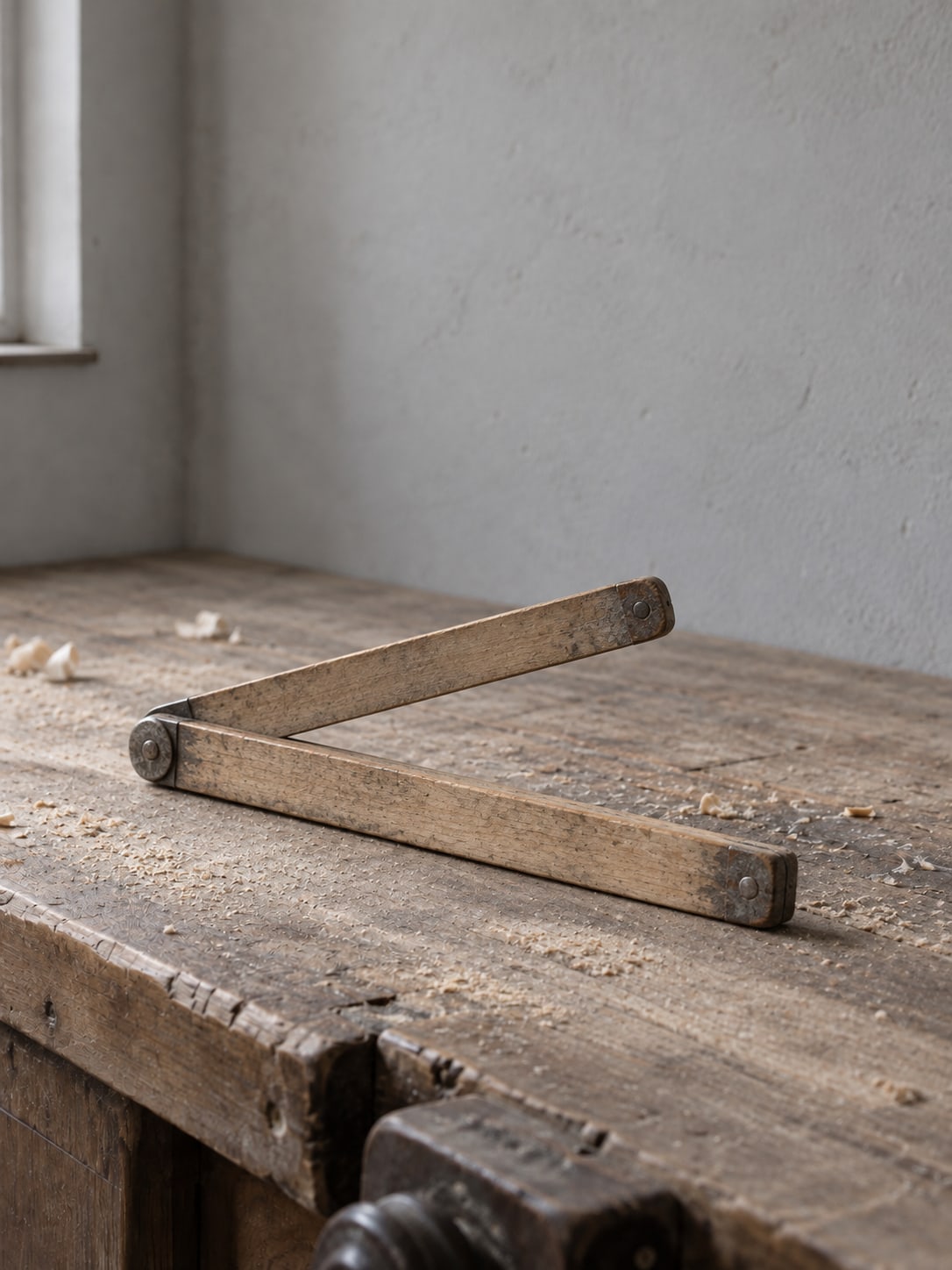A folding wooden rule lying open on a worn workbench, with wood shavings scattered near it.