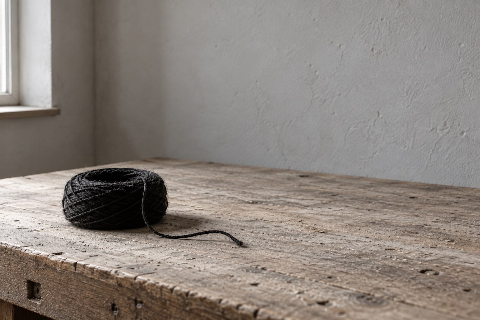 A ball of dark twine on a worn wooden workbench, one loose end trailing away across the surface.