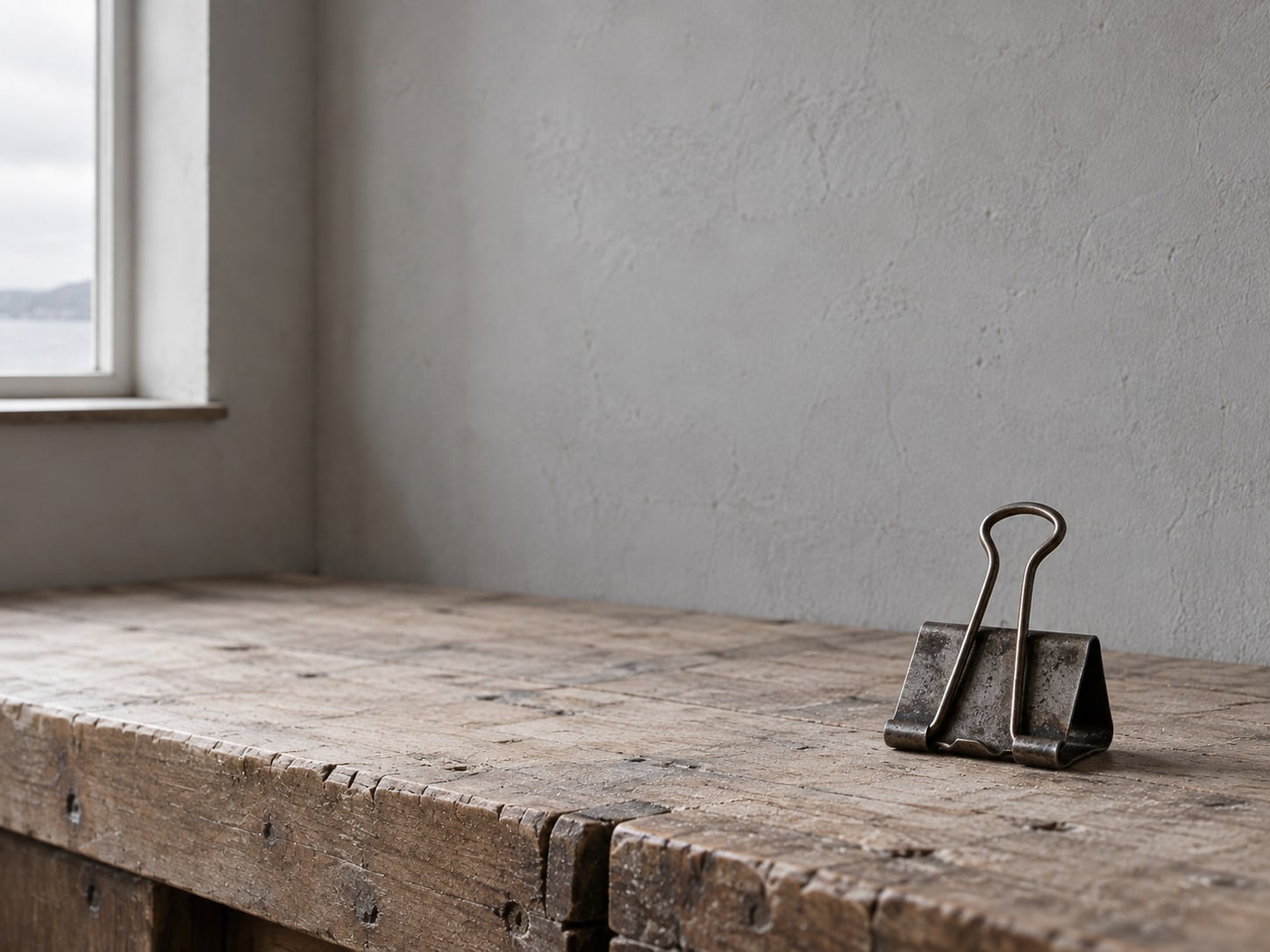 A black metal binder clip standing upright on a worn wooden workbench in front of a plastered wall.