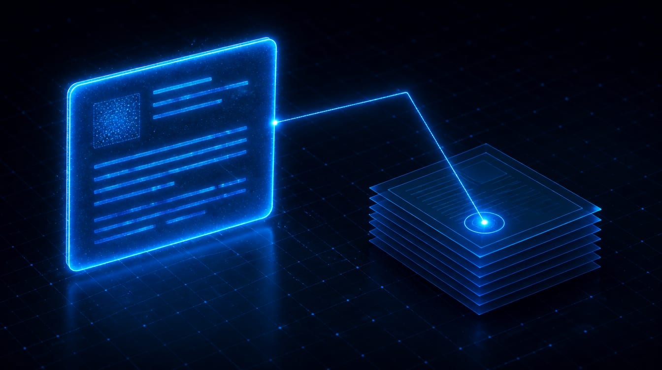An AI answer arriving with a citation attached, a clear line drawn back to the exact company document it came from.