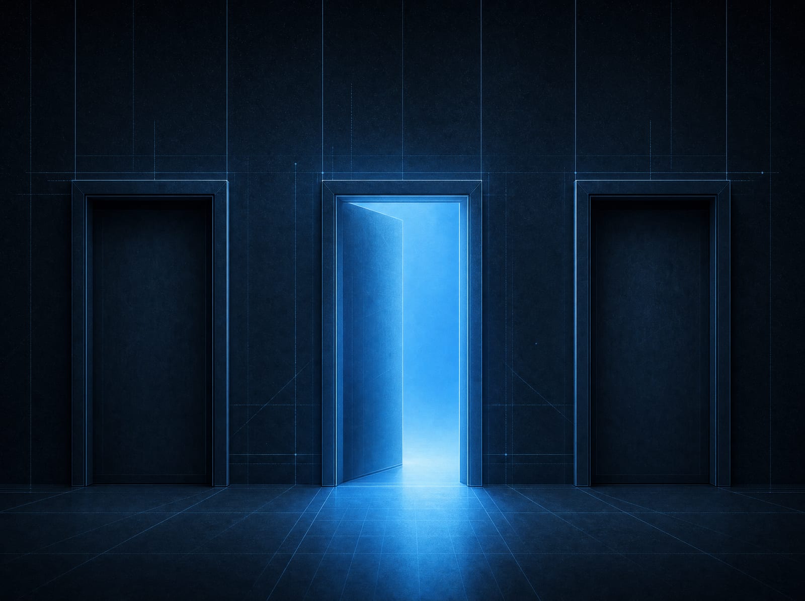 Three doors labeled plainly, one clearly lit for this business.