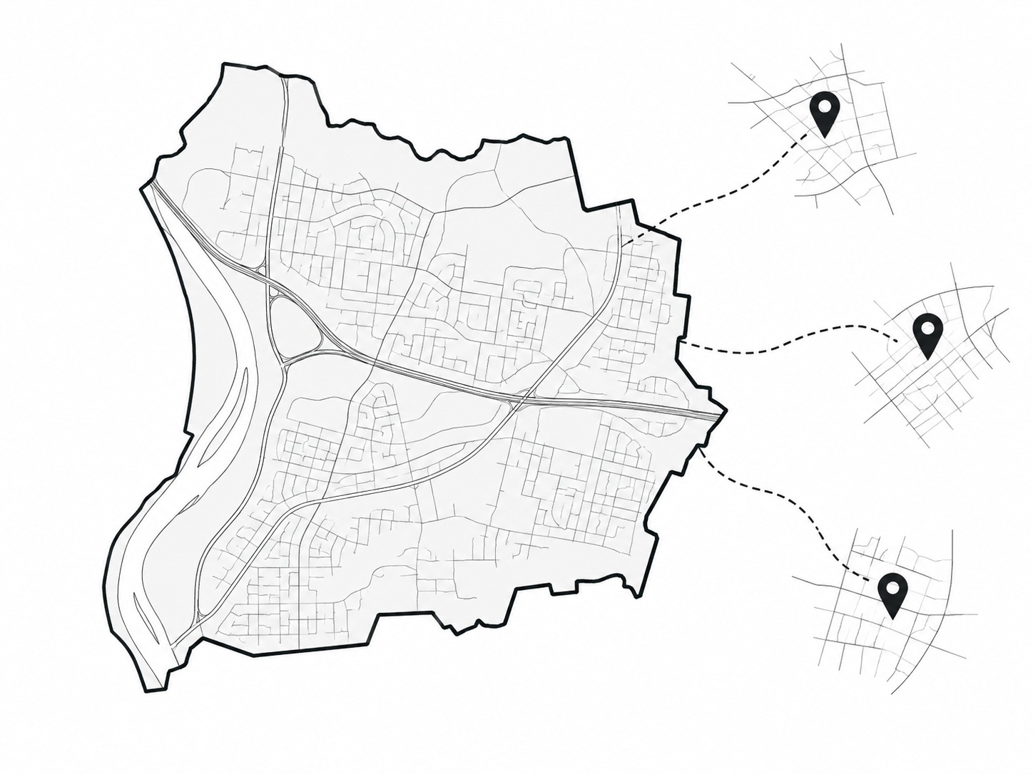 El paquete local de una búsqueda de East Hartford, dibujado como se lee: tres marcadores de mapa, y el límite del pueblo dentro del cual no se sienta ninguno.