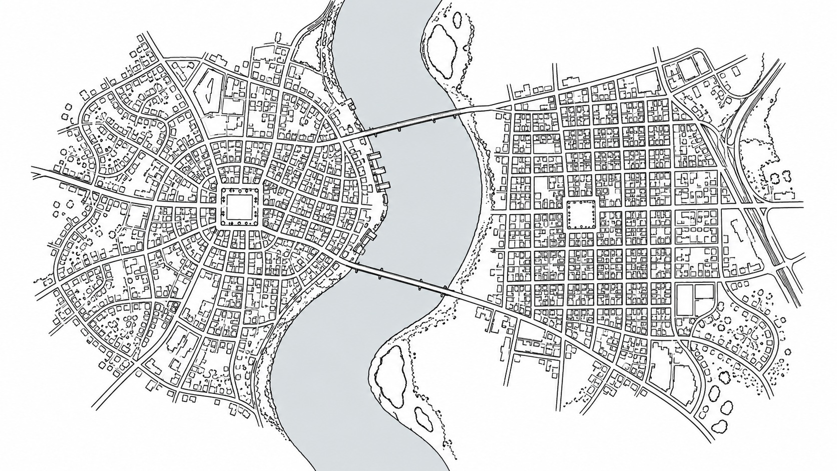 Dos planos de pueblo a cada lado del río Connecticut, compartiendo medio nombre y casi nada más.