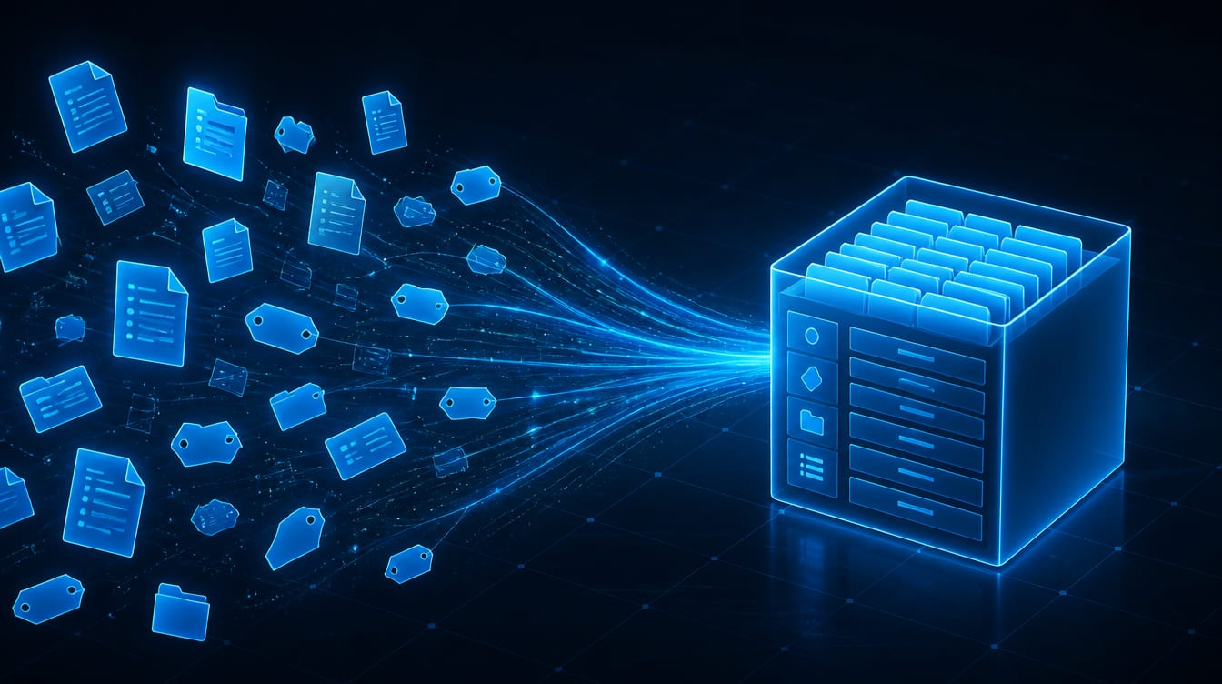 Scattered documents, prices, procedures, and customer records being drawn into one clean, labeled, searchable store.