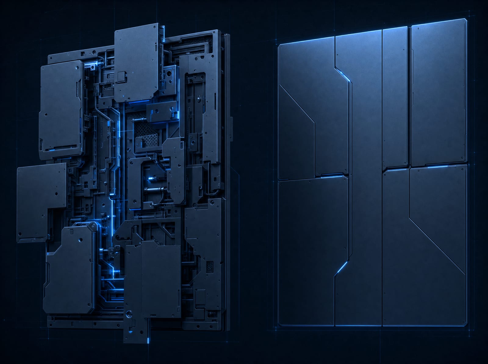 Two sites side by side: one a tangle of moving pieces, one a few clean finished panels with nothing to pry open.