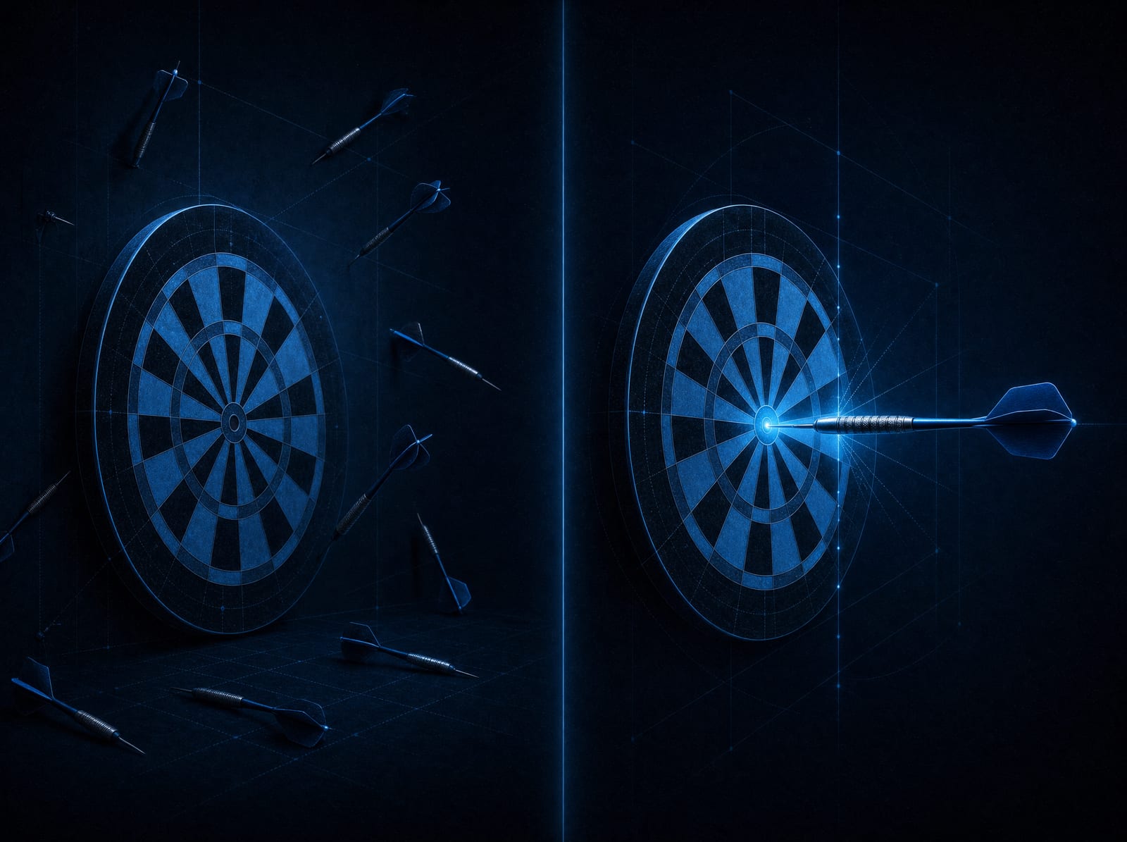 A dartboard thrown at blindfolded on one side, a measured shot on the other.