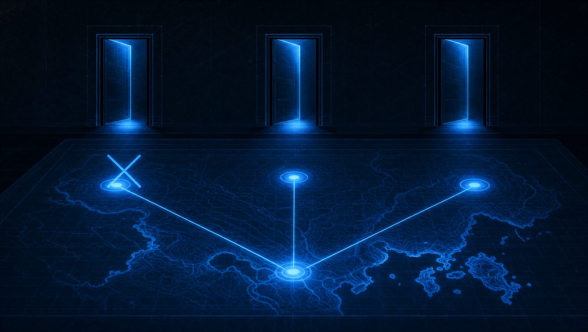 The map on the table, three plain doors it points to, and the honest one marked "skip."