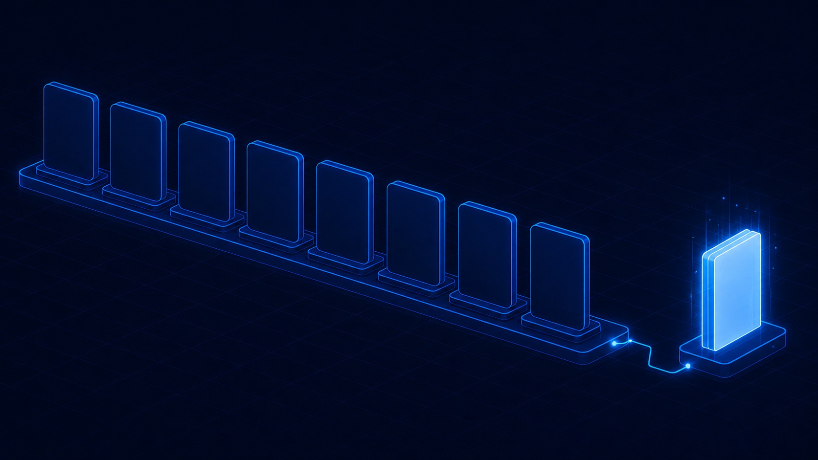 A long row of identical blank panels stamped from one press, with a single hand-built panel standing apart at the end of the line.