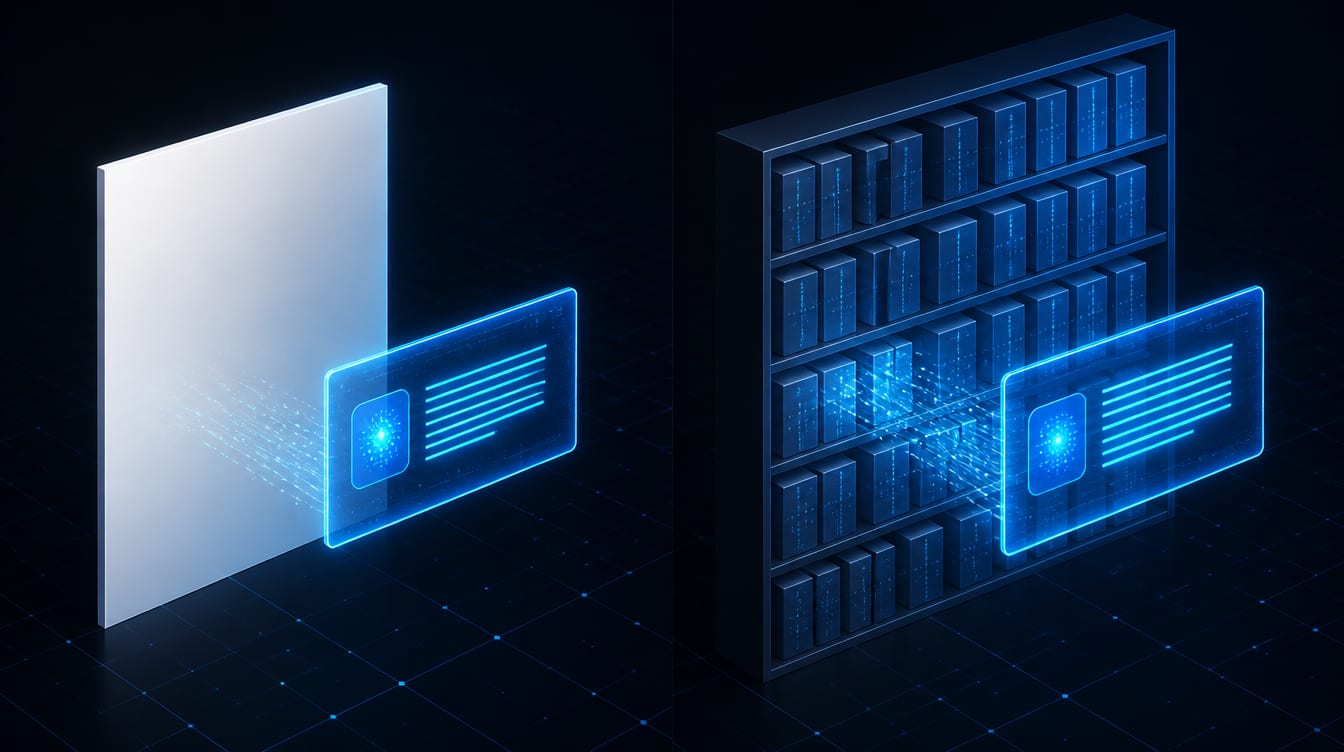 An AI answering the same question twice, once from an empty page and once from a shelf of the company's own knowledge behind it.