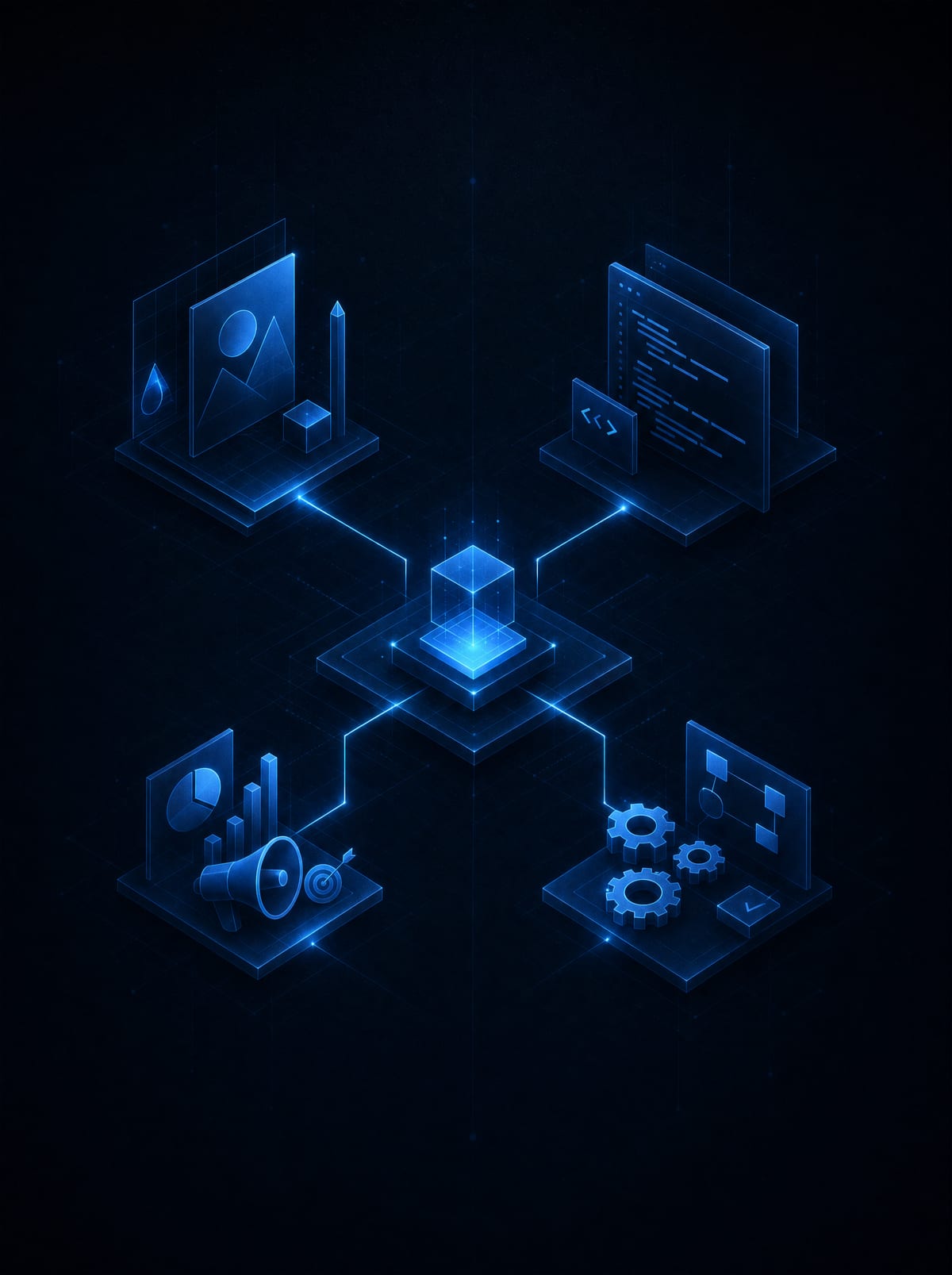 Concept illustration of one workstation with design, code, marketing, and automation unified into a single system