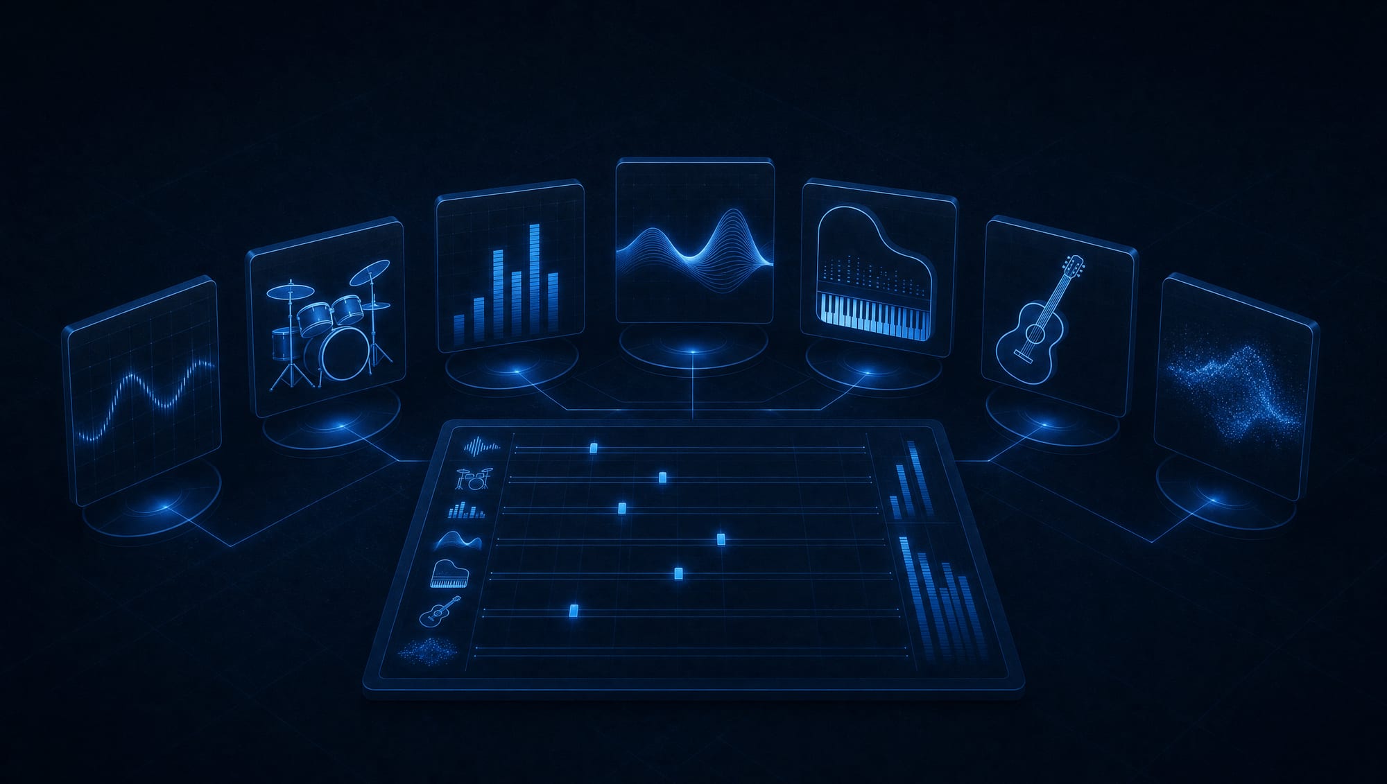 A set of channel icons arranged like instruments in a small ensemble, one score in front of them.