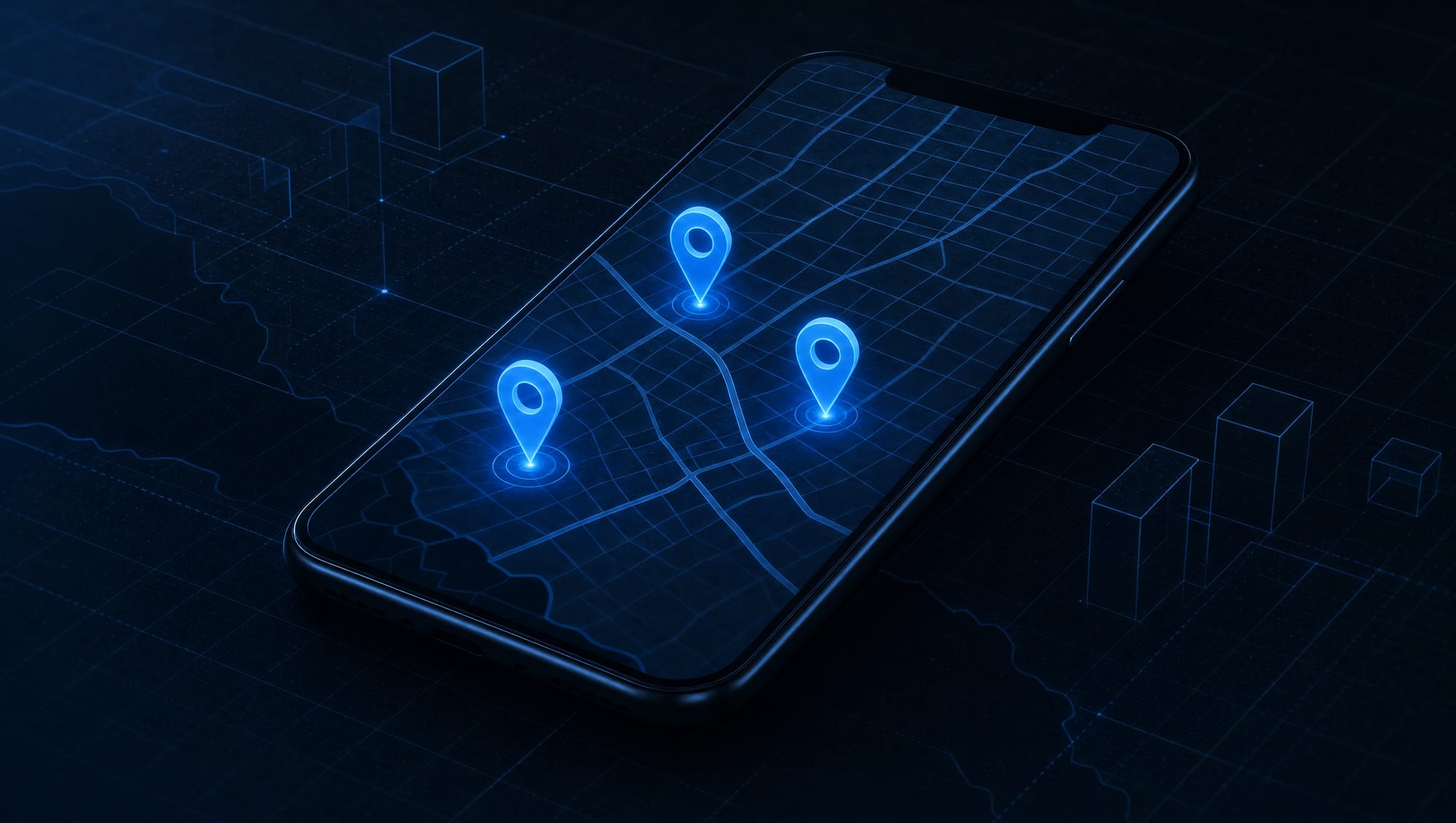 A local search on a phone screen, three businesses pinned to a map of the state.