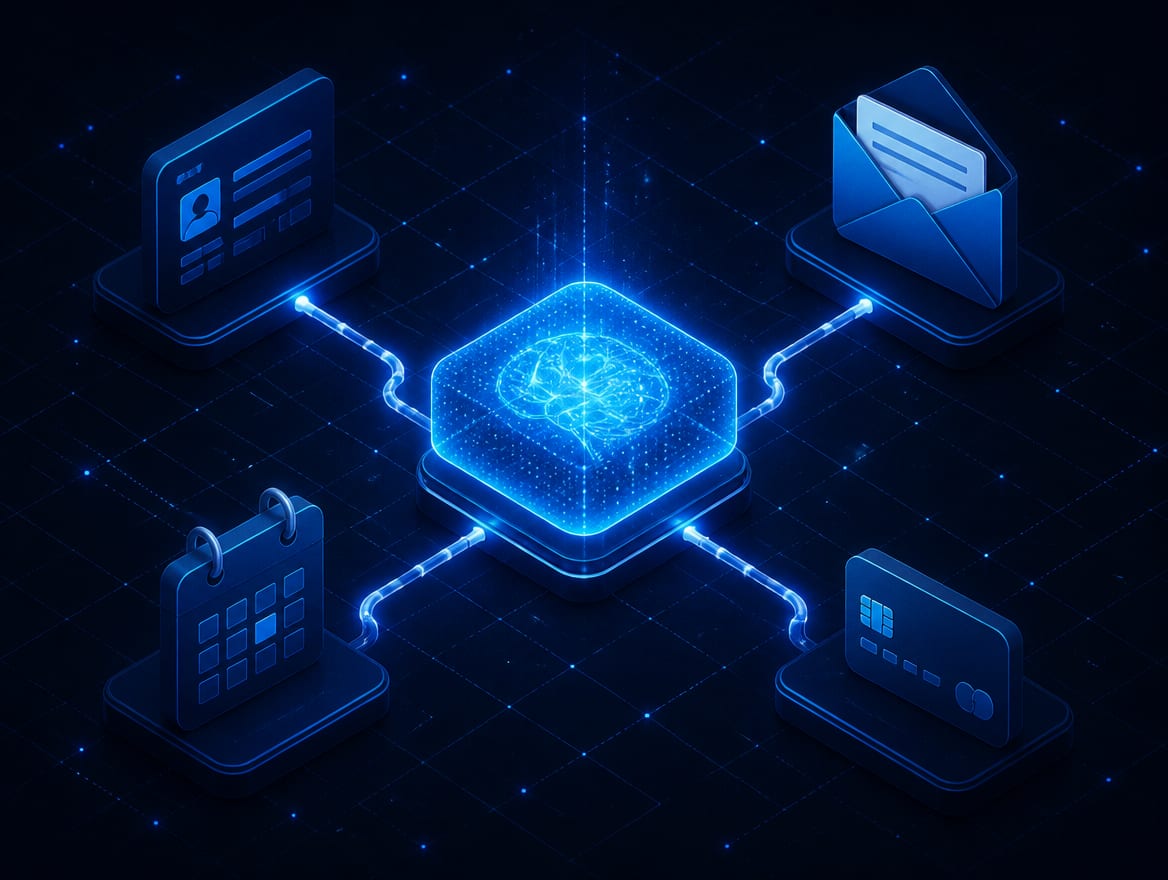 A single AI assistant wired by clean, labeled lines to a CRM, an inbox, a calendar, and a payments system.