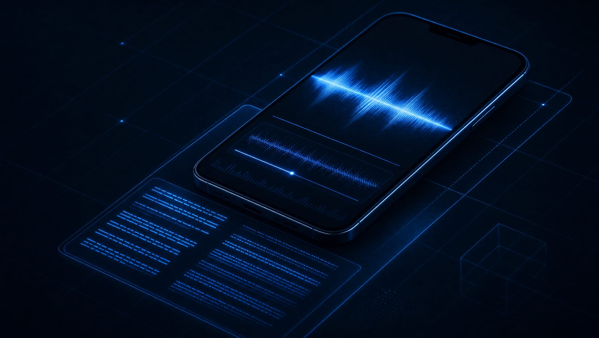 An episode on a phone, playing, with a clean waveform and a transcript underneath.