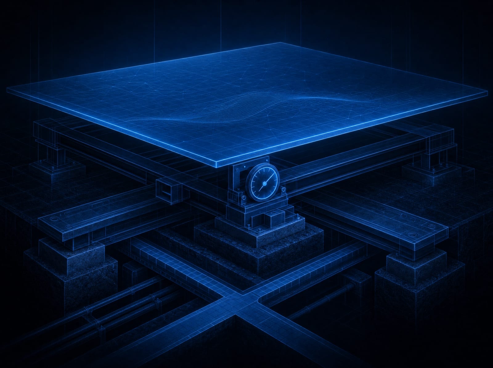 The technical layer beneath a visible page: crawl paths, structure, and speed, drawn as the foundation of a building.