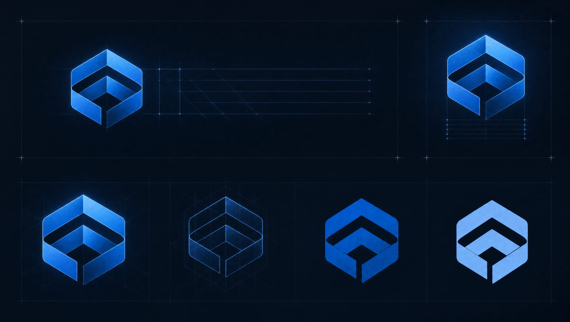 The one mark, shown in every form it takes: full lockup, stacked, symbol, one-color.
