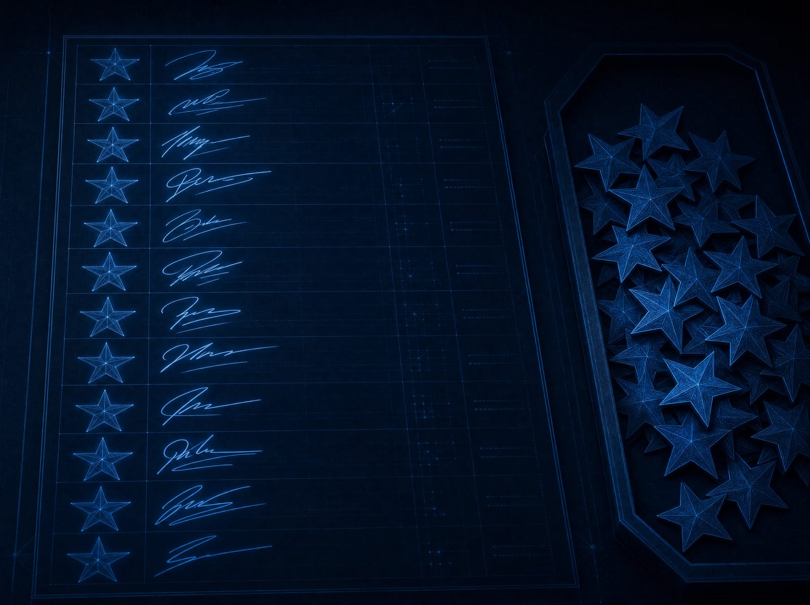 A ledger where every entry is a genuine signature, and a rejected pile of counterfeit stars beside it.