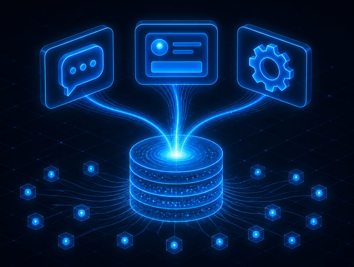 Several interfaces, a chatbot, an internal assistant, an automation, all drawing from one shared store of company knowledge underneath.