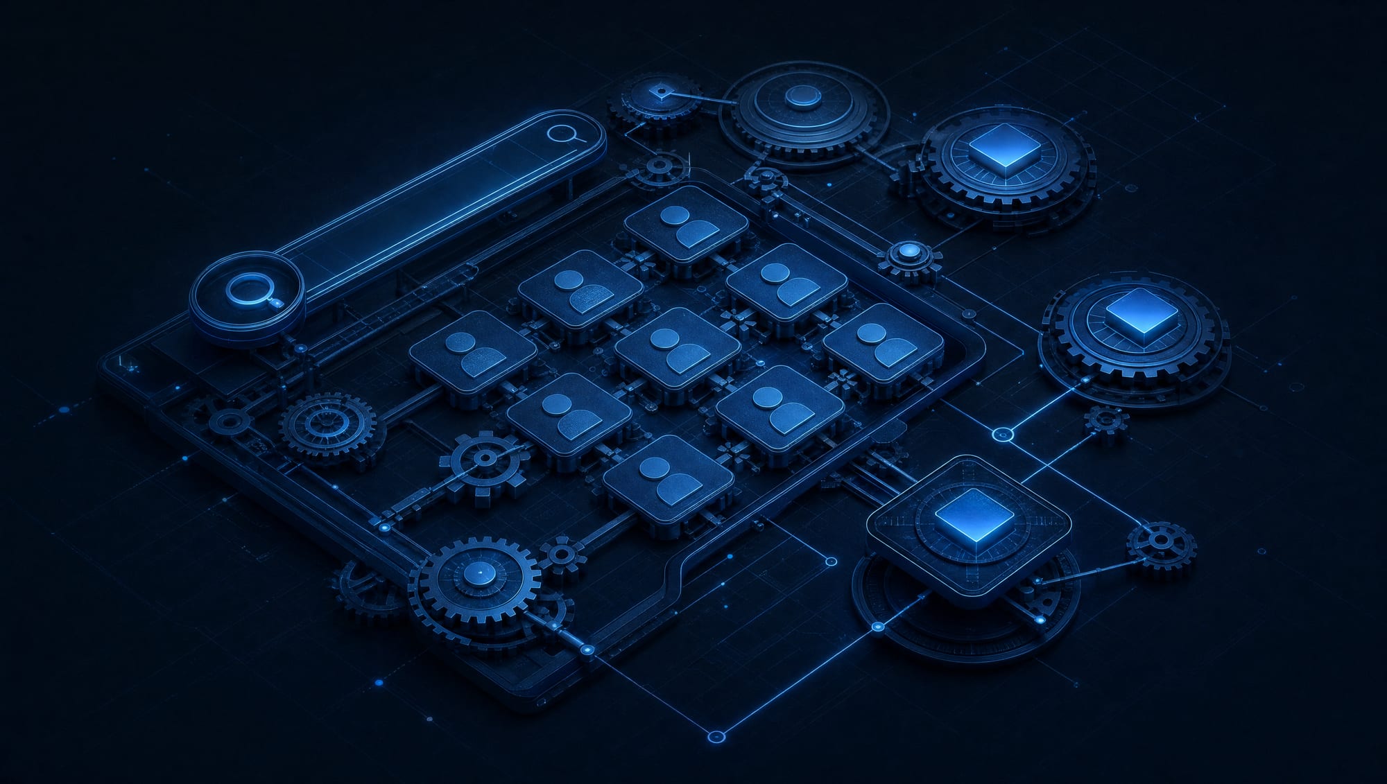 A directory drawn as the machine it is: listings, search, profiles, and logins as connected parts.