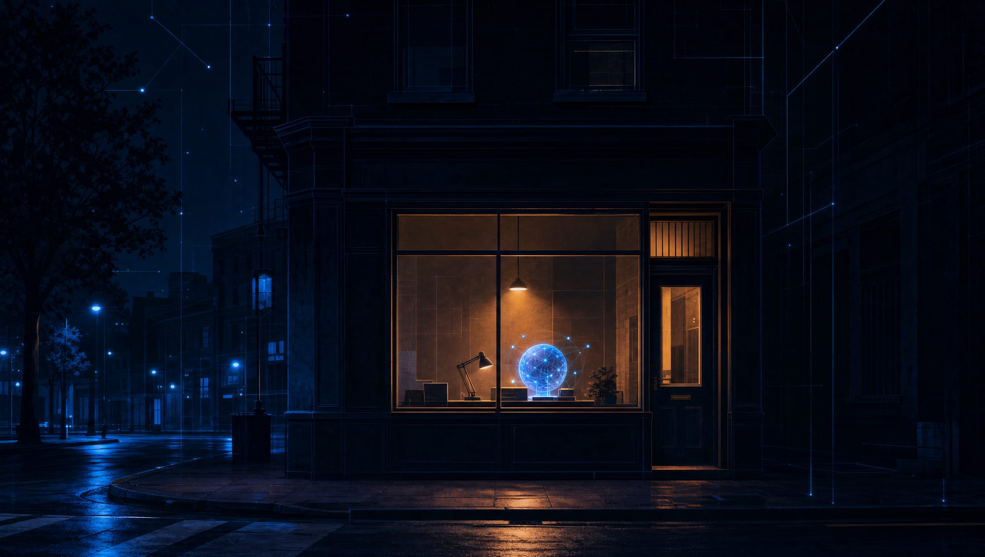 A dark storefront with one light still on: the assistant at the desk while the town sleeps.