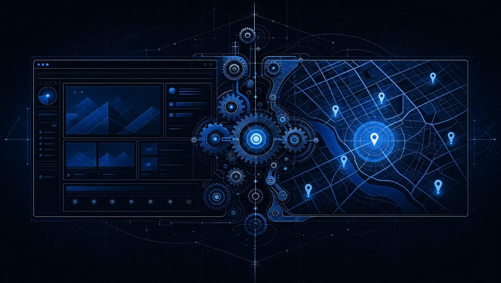 A custom site and the local search work behind it, drawn as one machine rather than two.