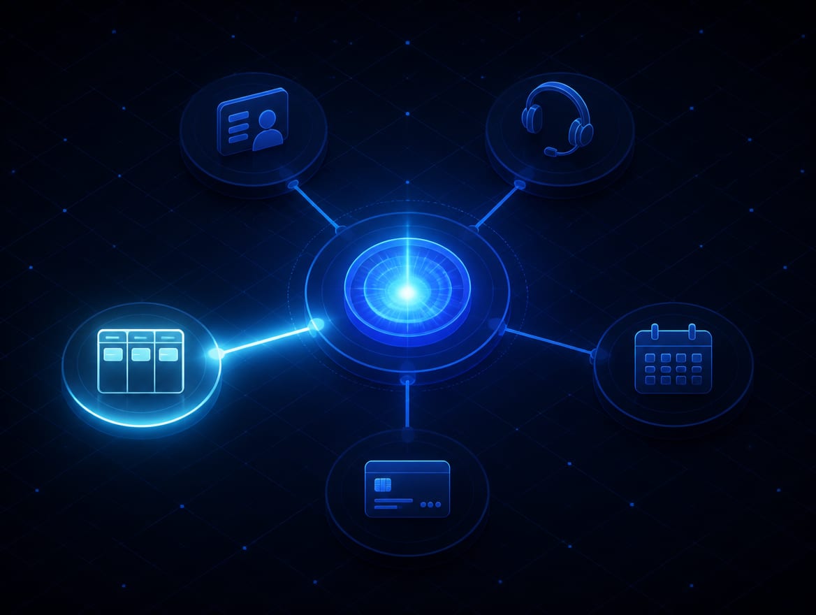 A hub of familiar business systems, CRM, help desk, calendar, payments, one workflow lit up as the first connected.