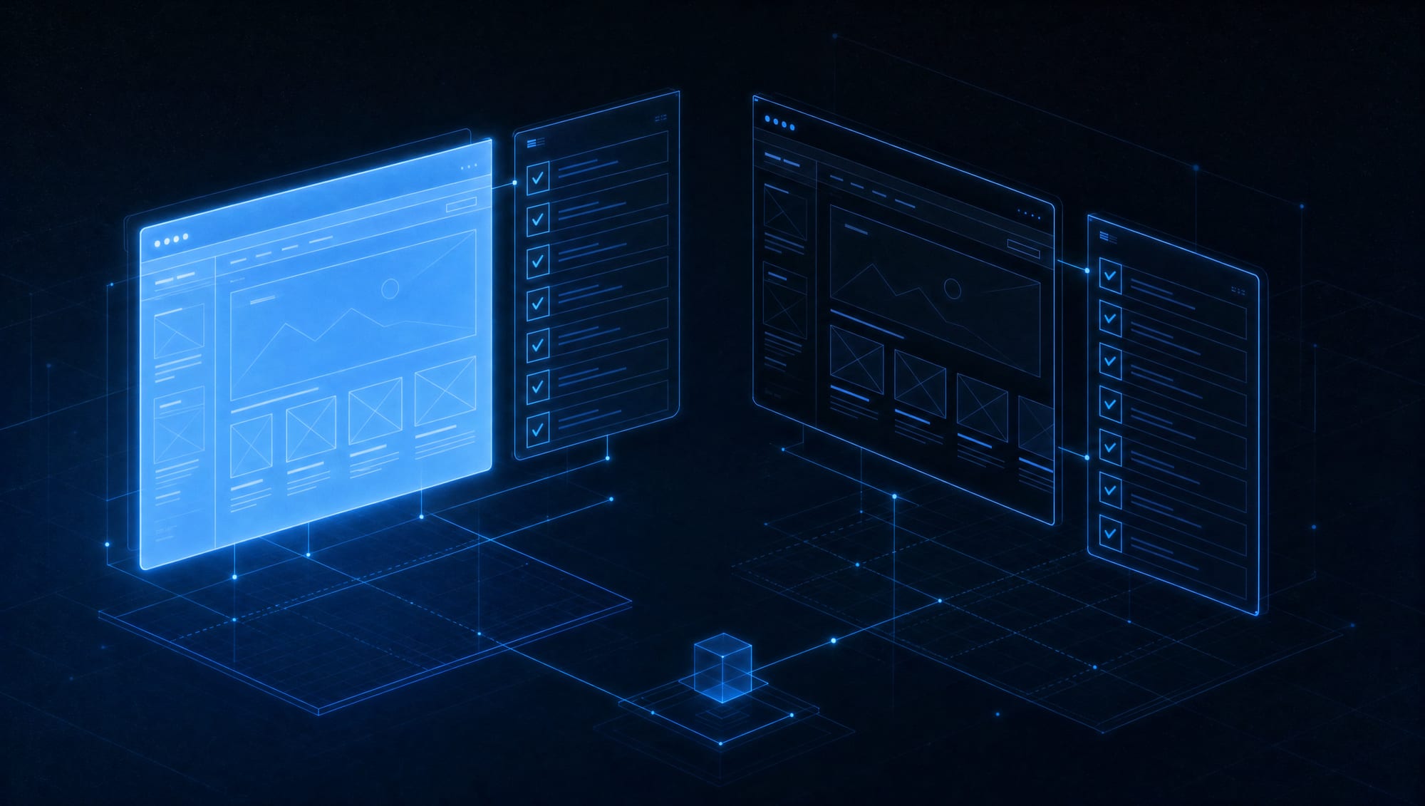 Concept illustration of a builder's workbench: a site under construction, an open audit checklist, and light and dark interface variants side by side