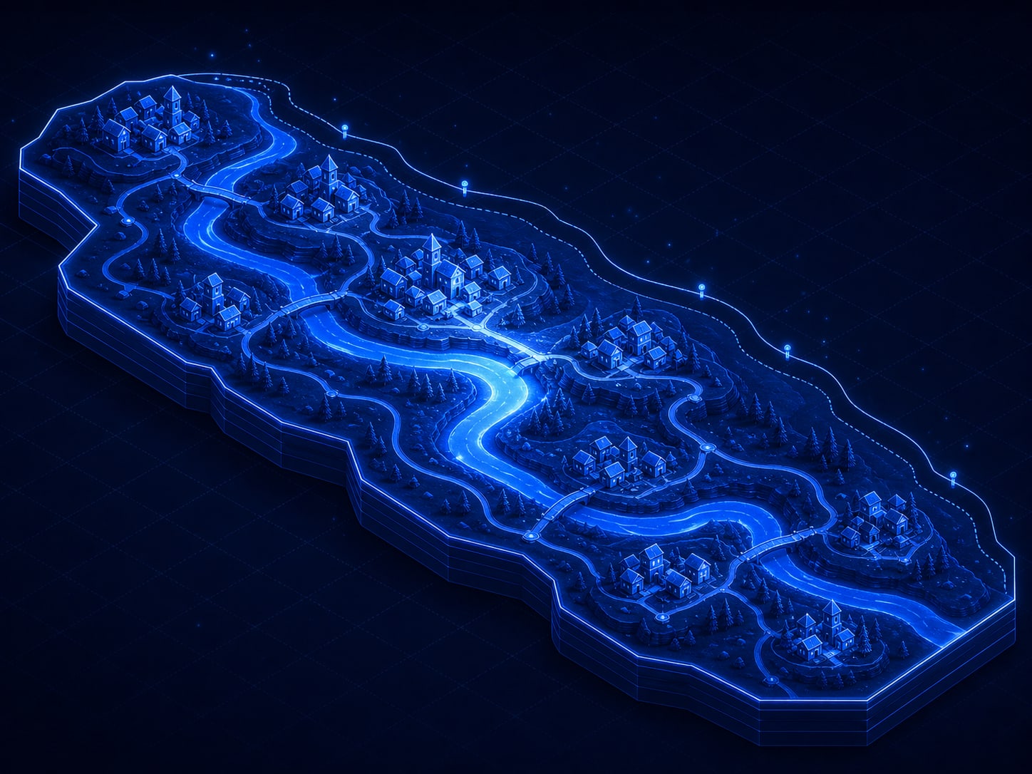 Seven small clusters set along a single river corridor, a boundary line running close by one edge without dividing them.