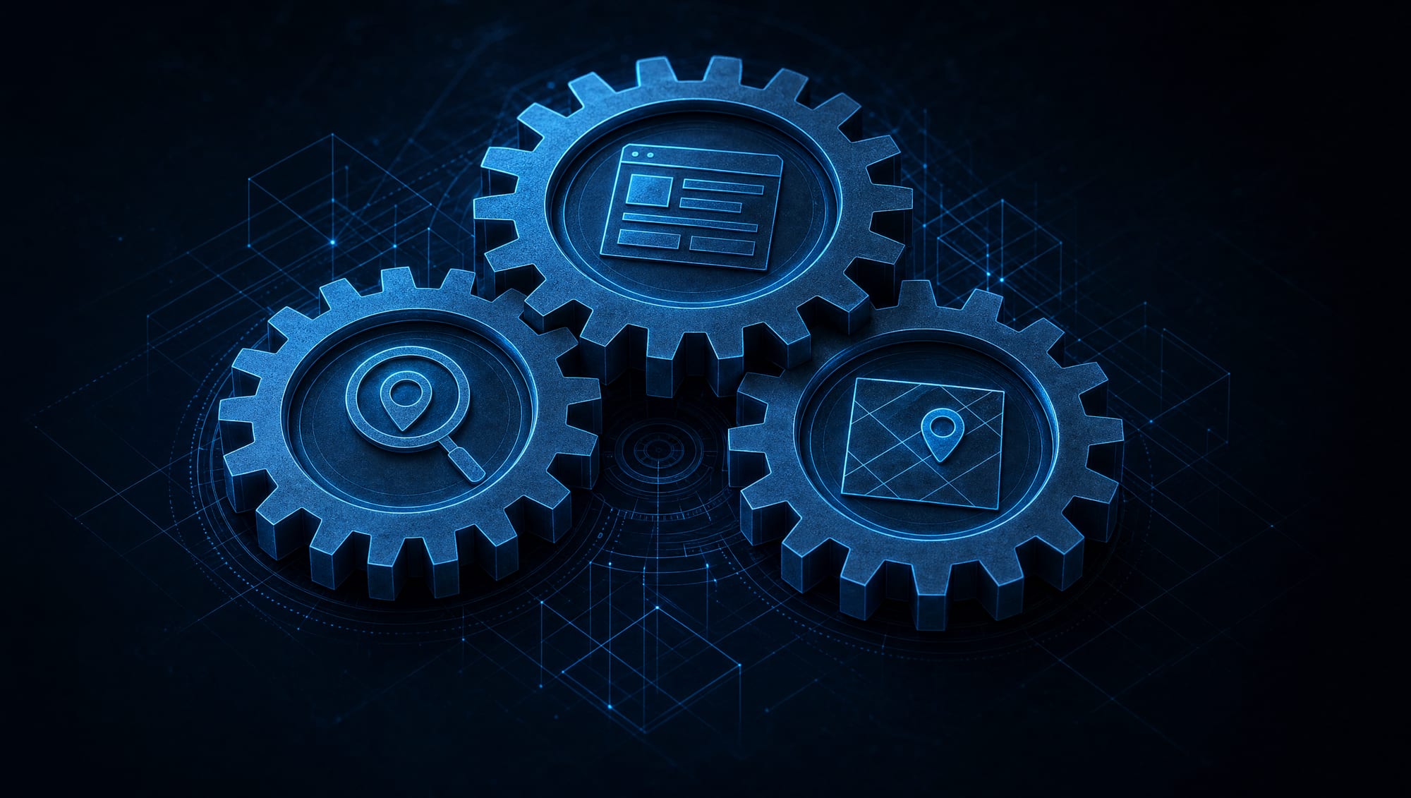 Custom build, local SEO, and the map profile drawn as three gears turning together.