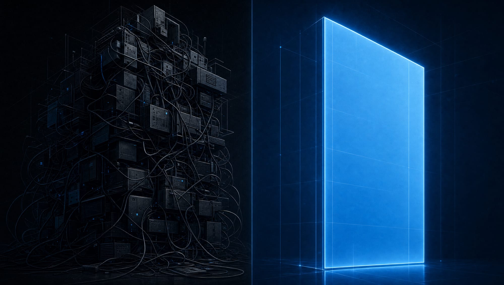 The same business, before and after: a tangle of parts on one side, one clean system on the other.