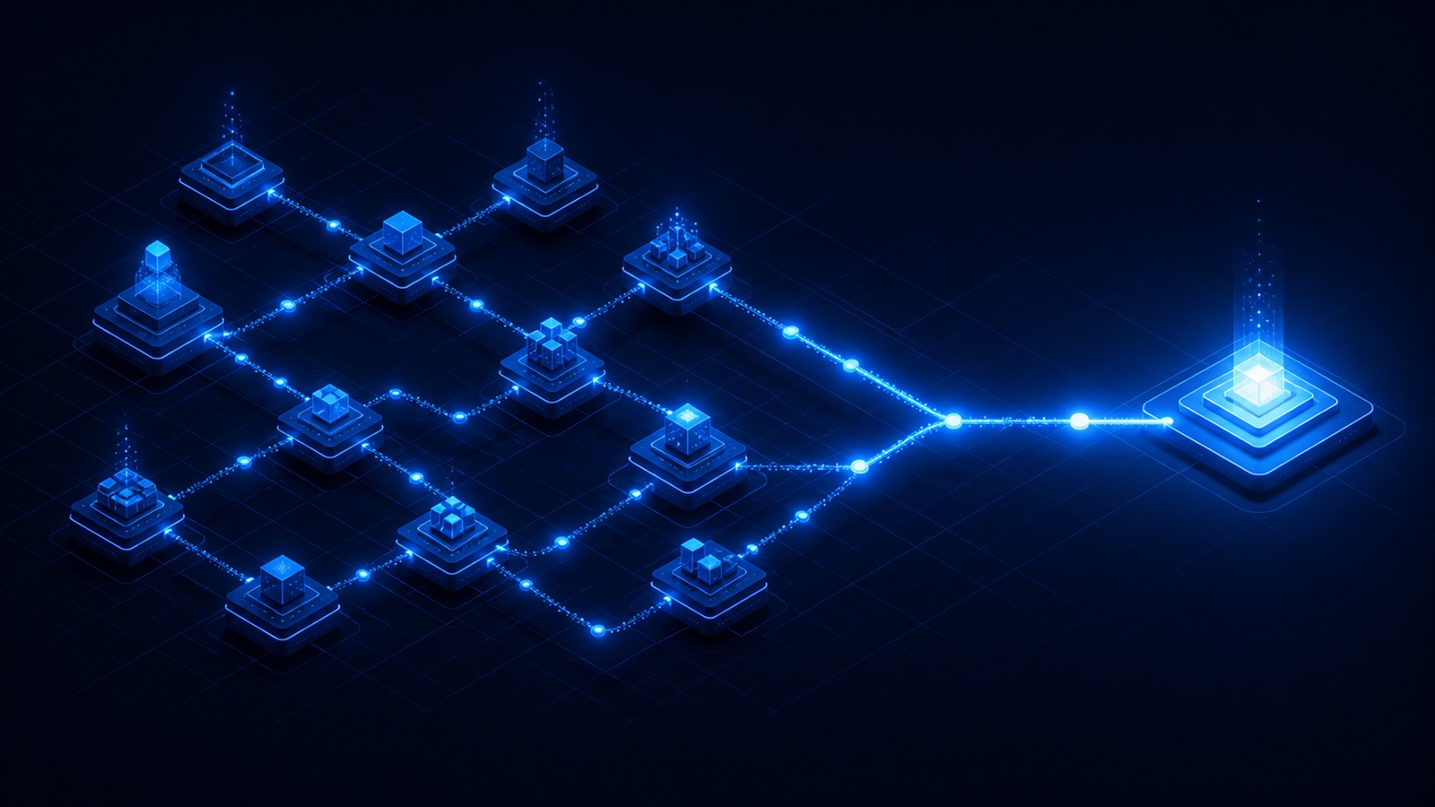 A signal passing node to node across a scattered network, then narrowing into one lit path.