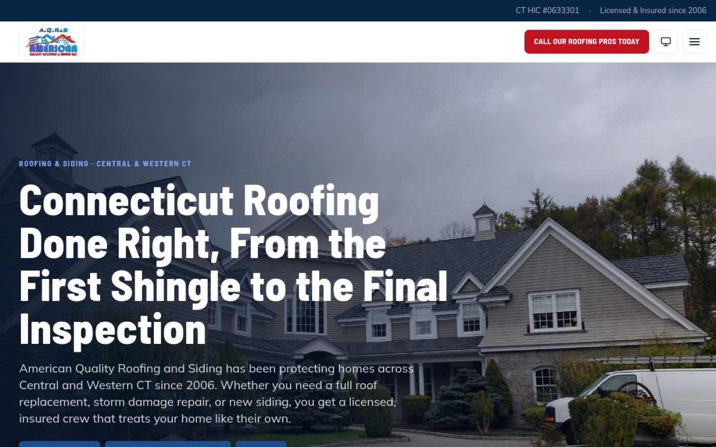 American Quality Roofing and Siding website built by Web Leveling