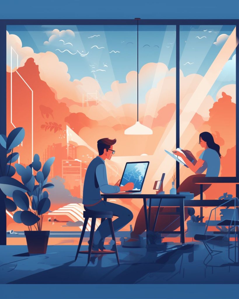 Flat illustration of a designer crafting websites with a touch of Connecticut flair.