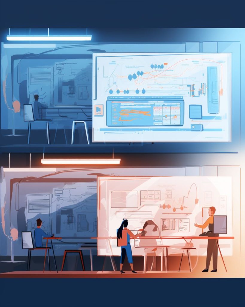 Split images showing the design process on one side (UI/UX sketches, wireframes) and the development process on the other (code snippets, server racks).