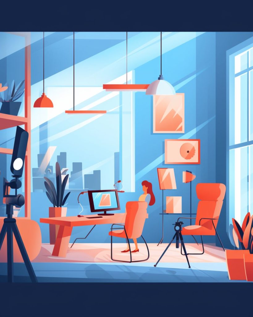 Flat scene of an agency workspace dedicated to crafting video marketing strategies.