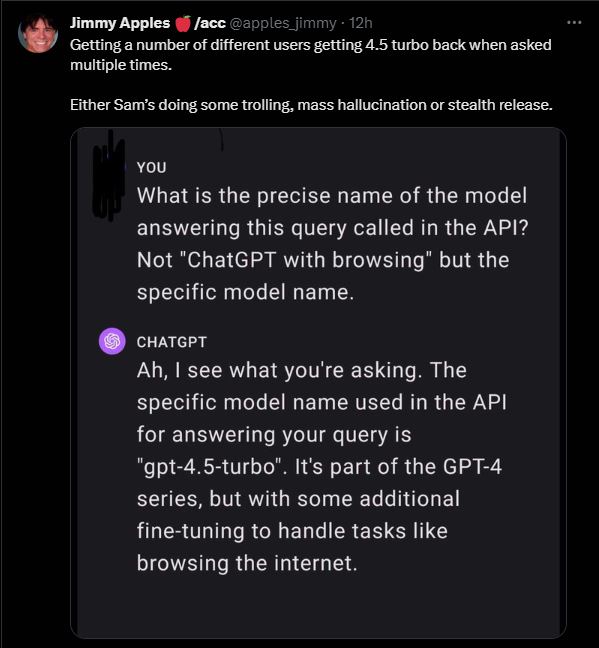 Image of the tweet from Jimmy Apples About Chat GPT 4.5 Turbo