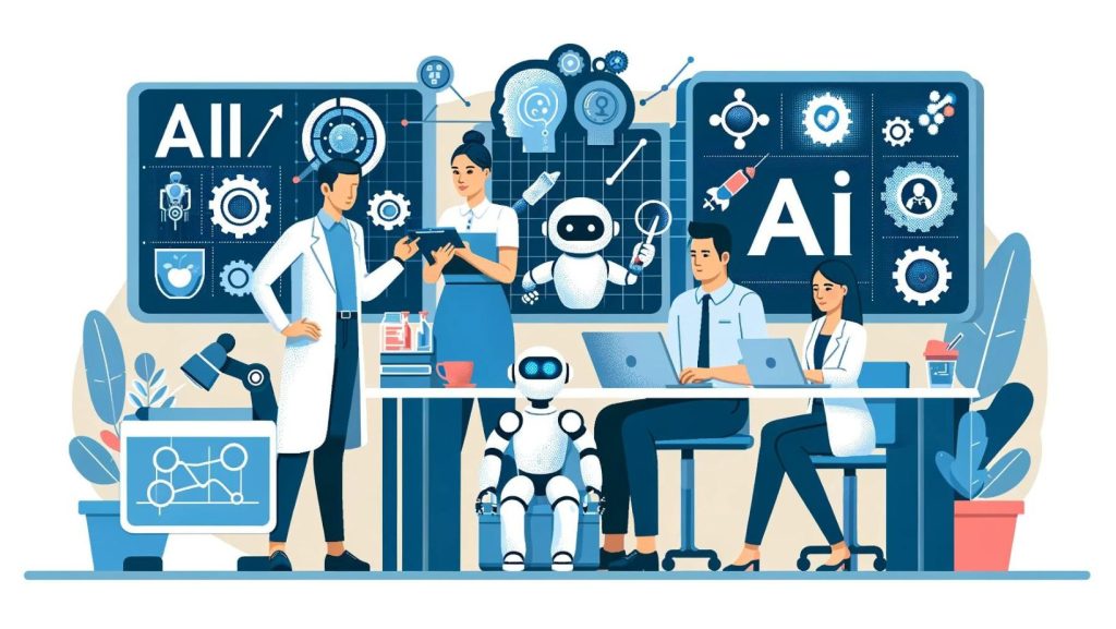 Illustration depicting the shift in the job market due to AI, with symbols representing emerging roles like AI ethicists and data analysts alongside traditional jobs.