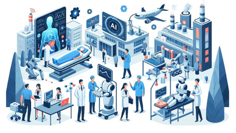 Vector illustration of AI applications across various sectors such as healthcare, finance, and manufacturing, showcasing robots and humans collaborating.