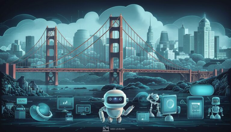 Vector illustration of AI-powered marketing tools surrounding San Francisco skyline