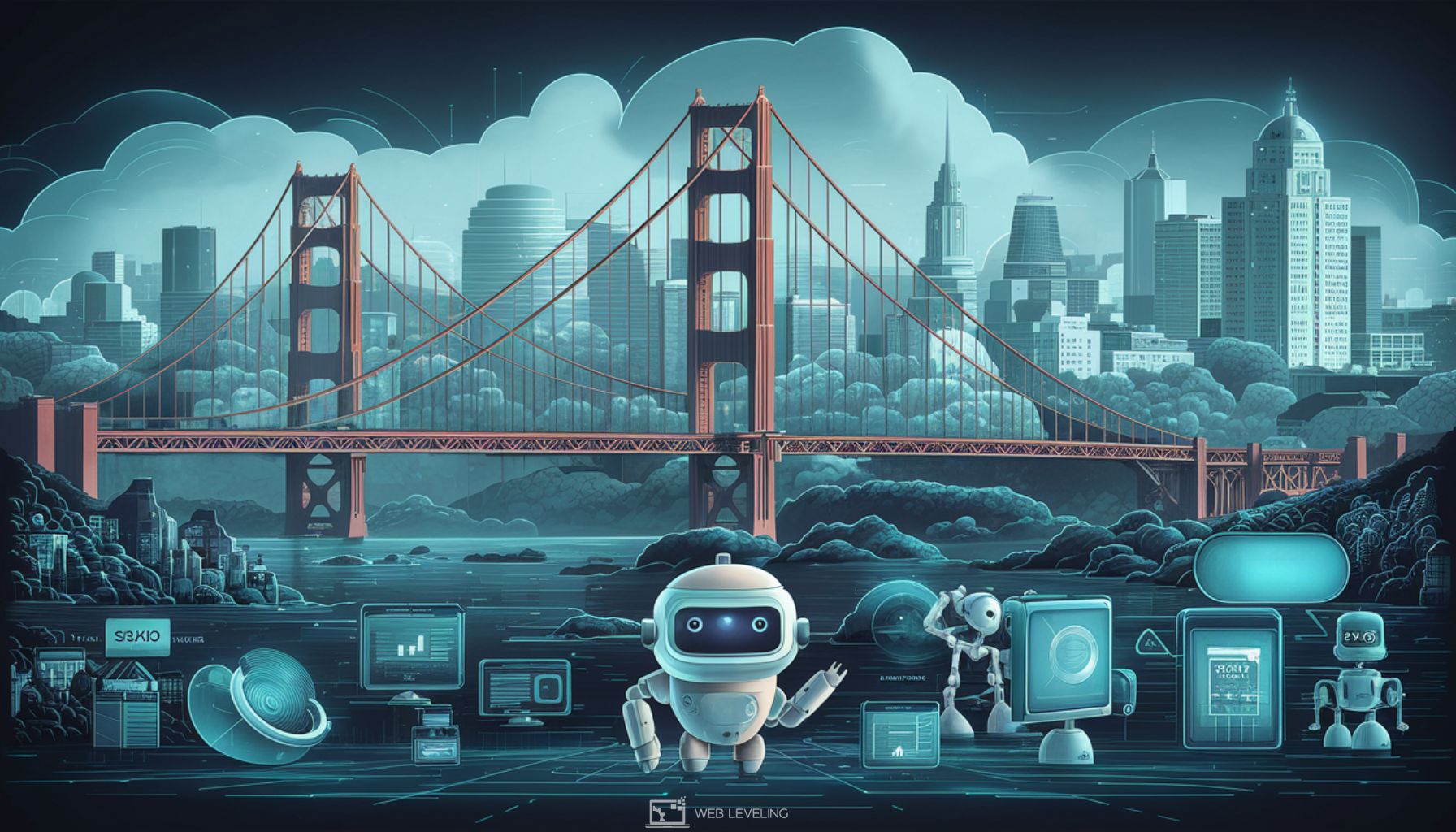 Vector illustration of AI-powered marketing tools surrounding San Francisco skyline