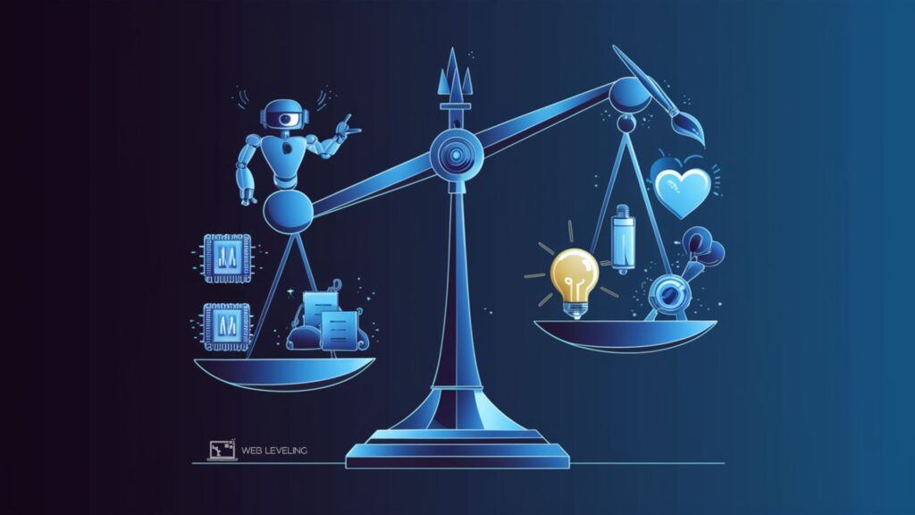 Vector illustration of scale balancing AI and human skills